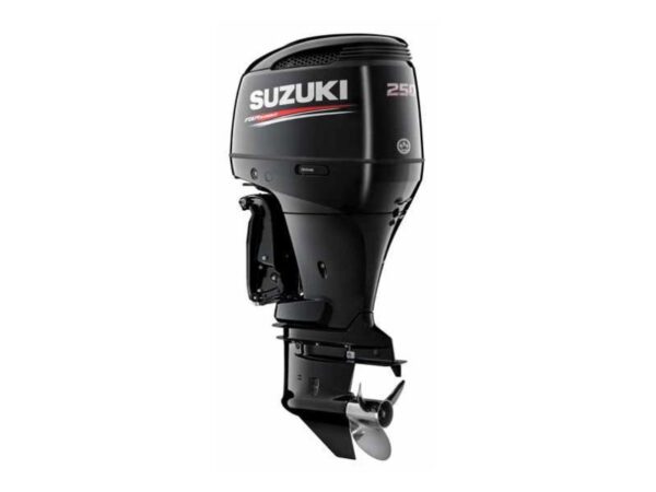 a black outboard motor with a white Suzuki DF250T X Reviews background